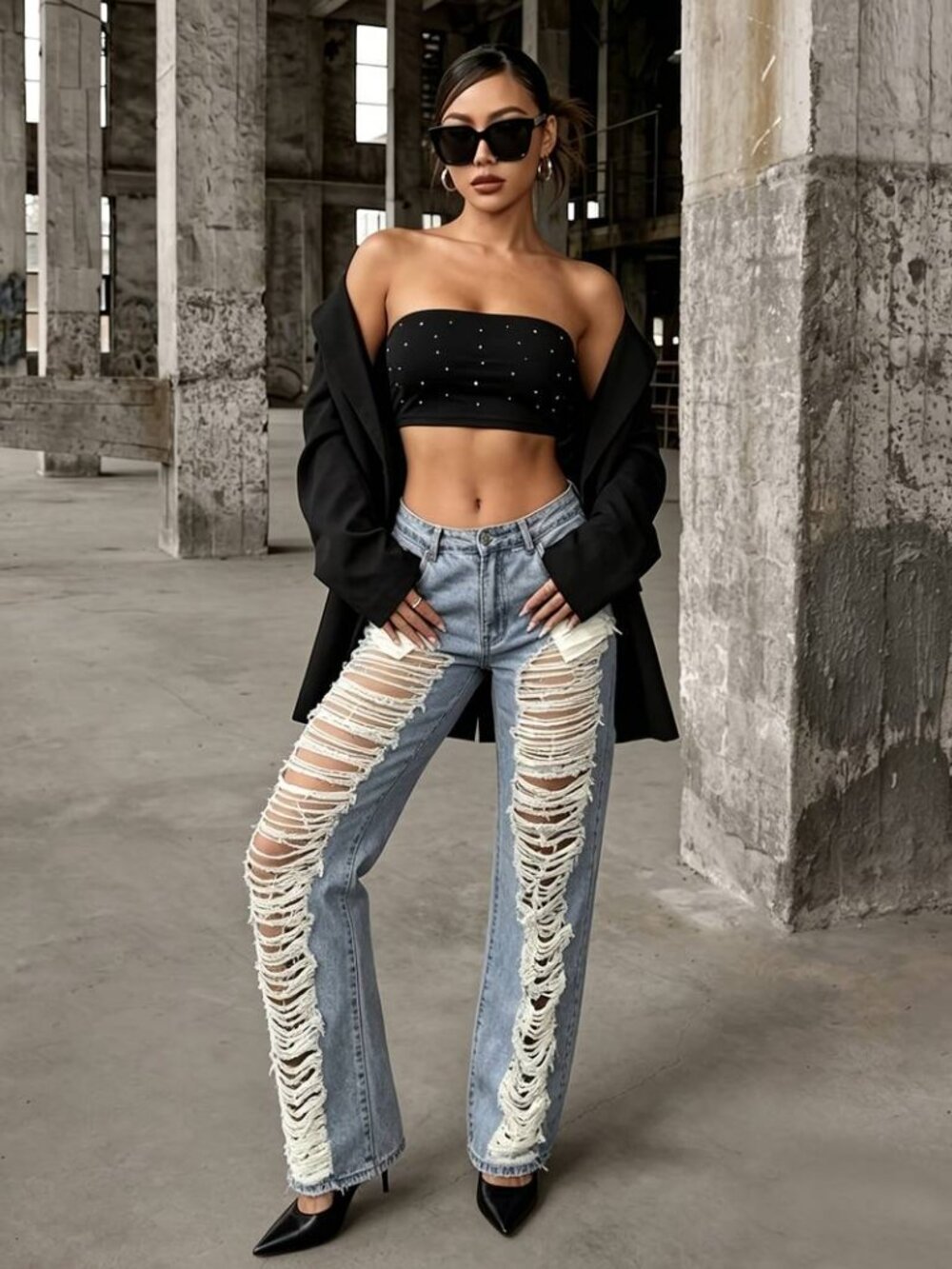 Distressed Vintage Washed Blue Loose Fit Y2K Streetwear Jeans 28